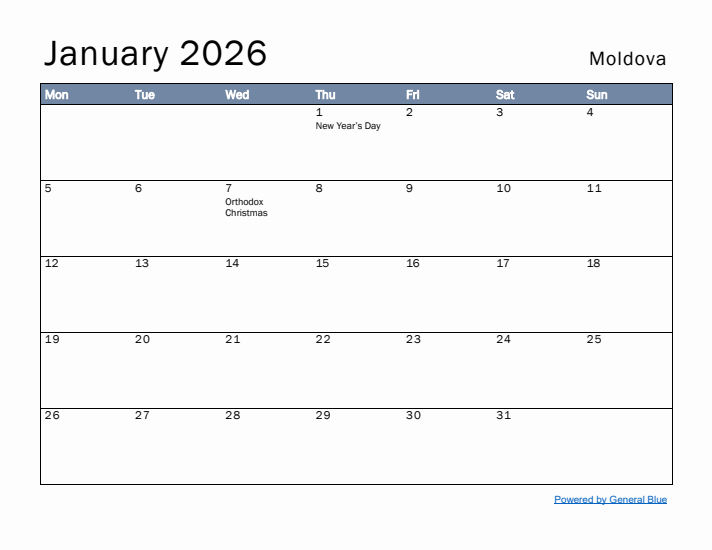 January 2026 Simple Monthly Calendar for Moldova