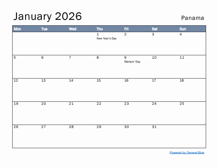 January 2026 Simple Monthly Calendar for Panama