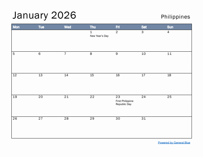 January 2026 Simple Monthly Calendar for Philippines