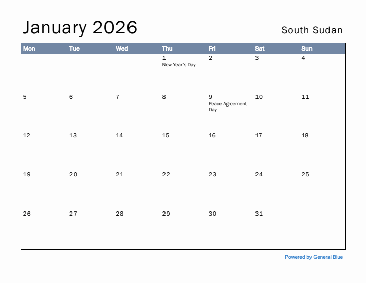 January 2026 Simple Monthly Calendar for South Sudan