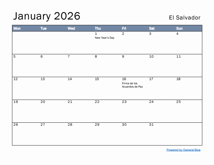 January 2026 Simple Monthly Calendar for El Salvador