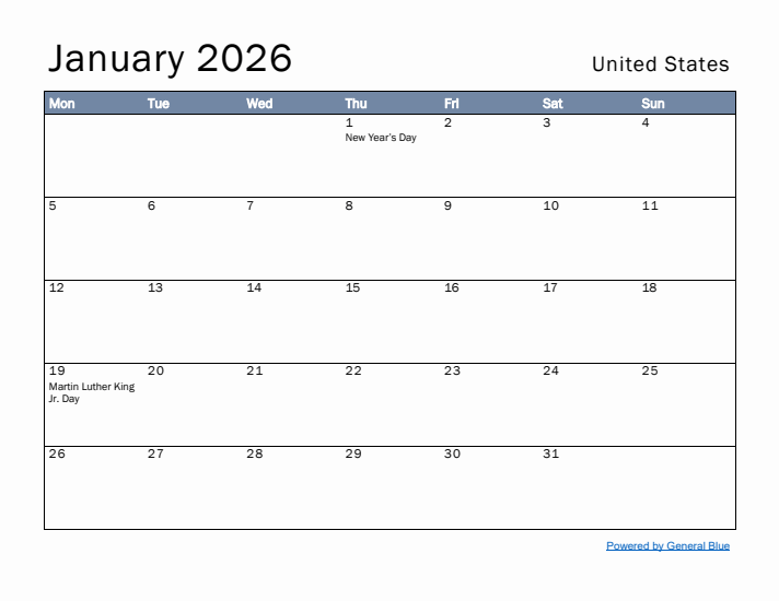 January 2026 Simple Monthly Calendar for United States