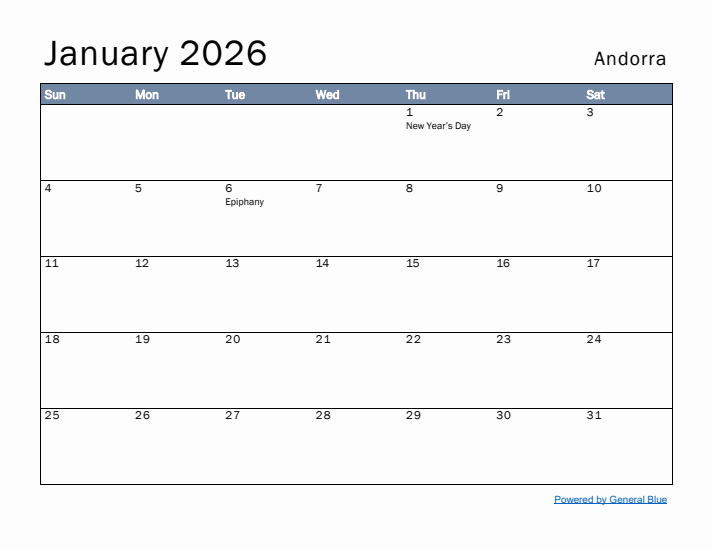 January 2026 Simple Monthly Calendar for Andorra