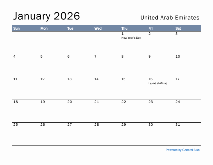 January 2026 Simple Monthly Calendar for United Arab Emirates