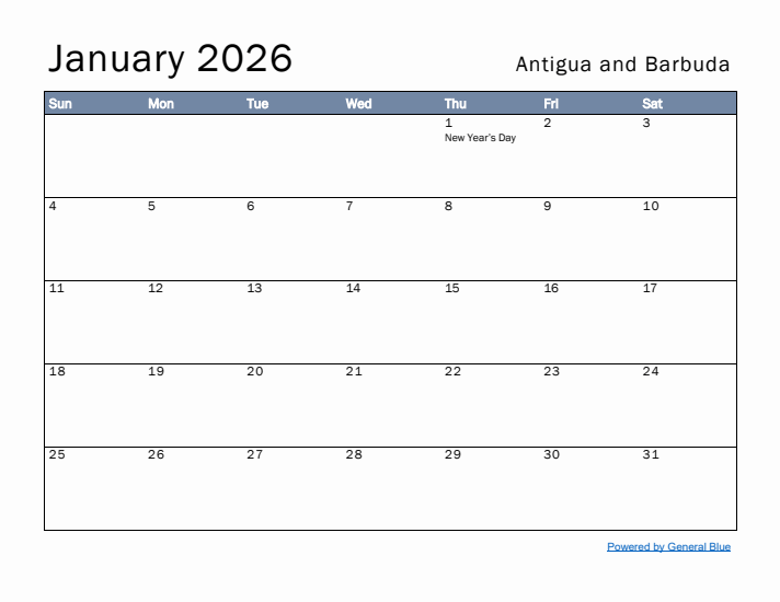 January 2026 Simple Monthly Calendar for Antigua and Barbuda