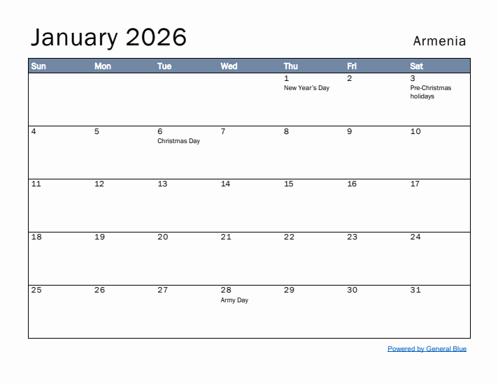 January 2026 Simple Monthly Calendar for Armenia