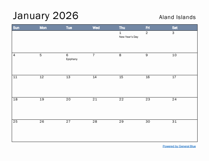 January 2026 Simple Monthly Calendar for Aland Islands