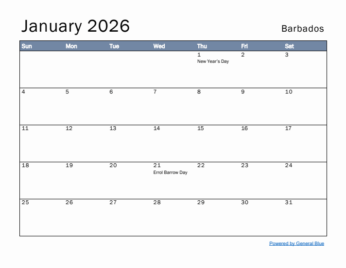 January 2026 Simple Monthly Calendar for Barbados