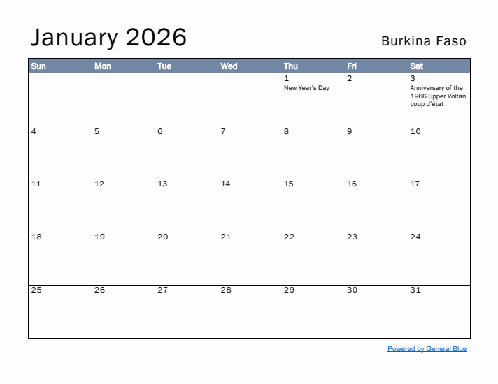 January 2026 Simple Monthly Calendar for Burkina Faso