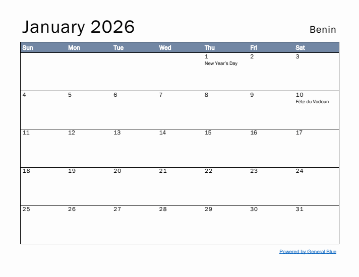 January 2026 Simple Monthly Calendar for Benin