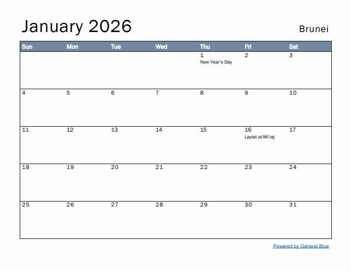 January 2026 Simple Monthly Calendar for Brunei