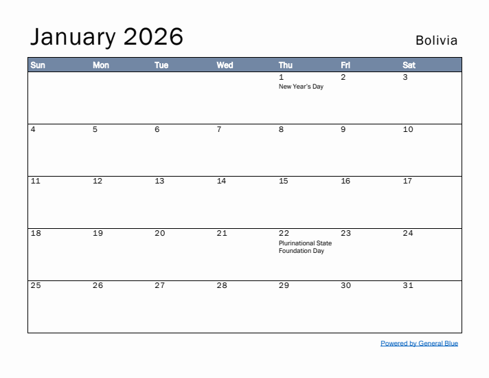 January 2026 Simple Monthly Calendar for Bolivia