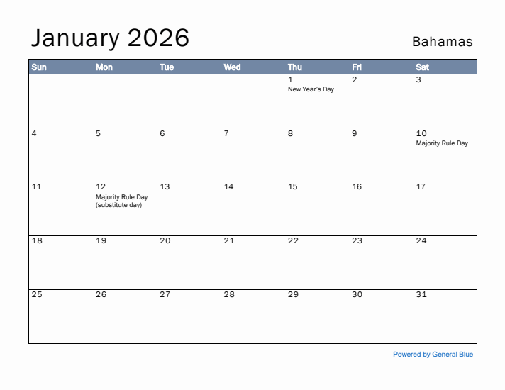 January 2026 Simple Monthly Calendar for Bahamas