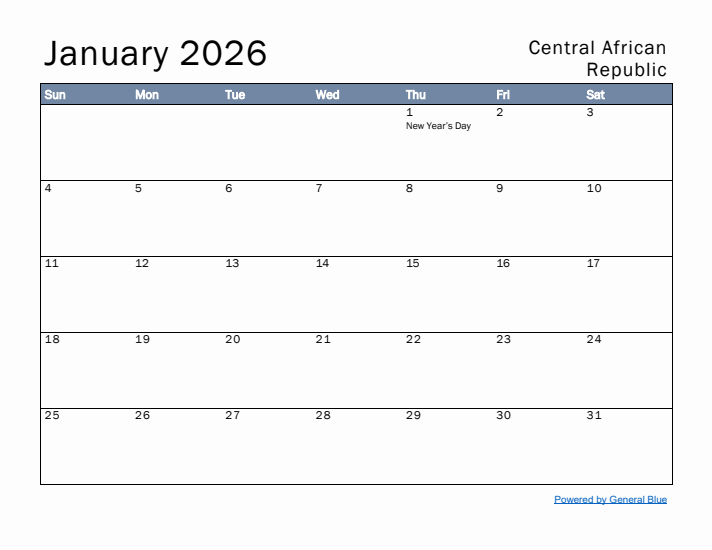 January 2026 Simple Monthly Calendar for Central African Republic