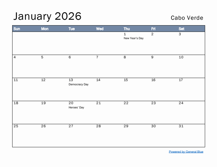 January 2026 Simple Monthly Calendar for Cabo Verde