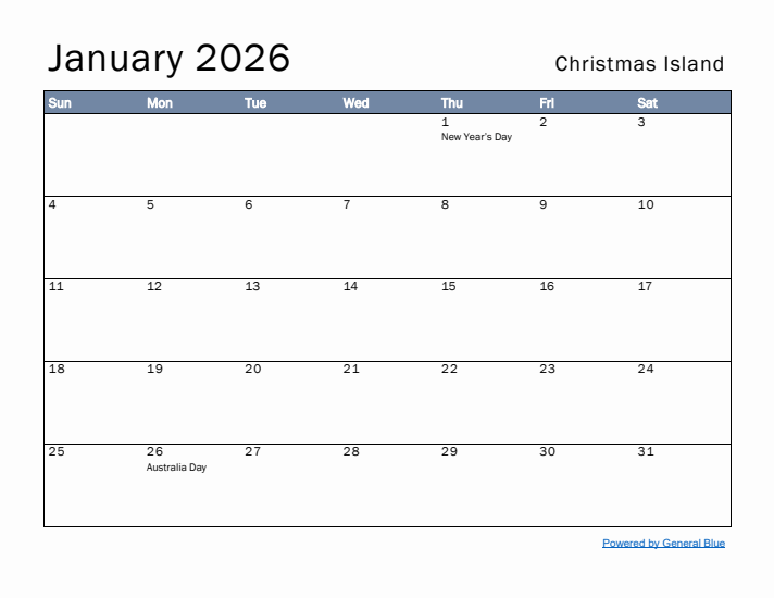 January 2026 Simple Monthly Calendar for Christmas Island