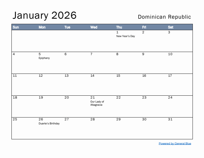 January 2026 Simple Monthly Calendar for Dominican Republic