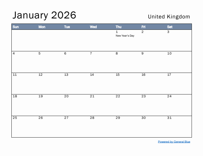 January 2026 Simple Monthly Calendar for United Kingdom