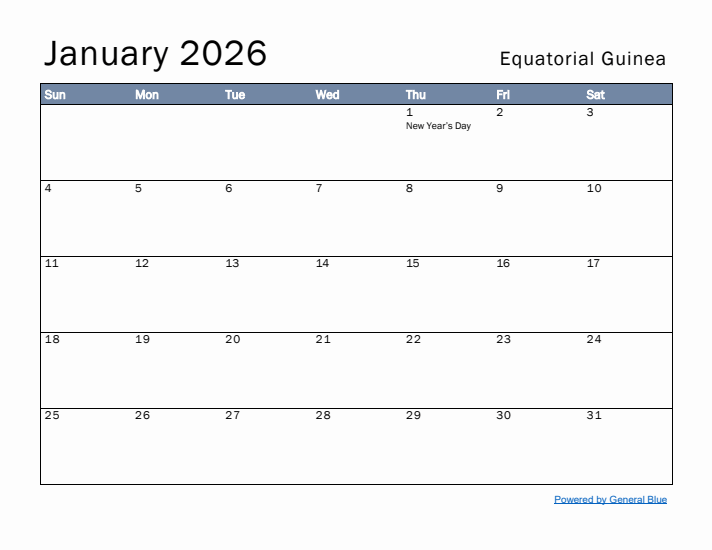 January 2026 Simple Monthly Calendar for Equatorial Guinea