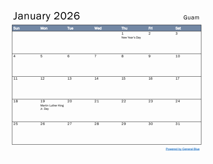 January 2026 Simple Monthly Calendar for Guam