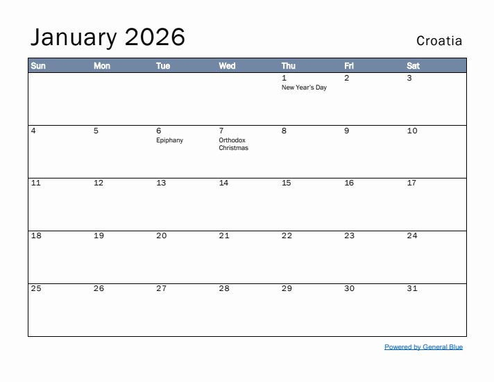 January 2026 Simple Monthly Calendar for Croatia