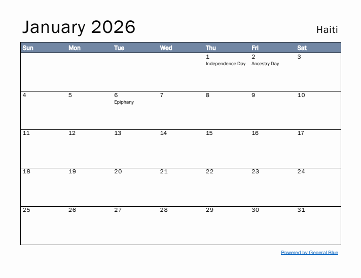 January 2026 Simple Monthly Calendar for Haiti