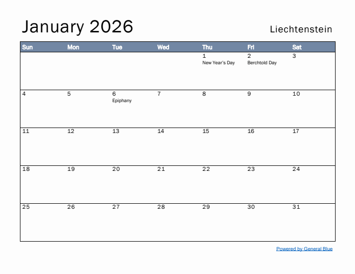 January 2026 Simple Monthly Calendar for Liechtenstein