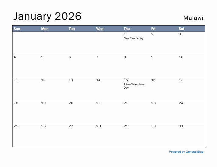 January 2026 Simple Monthly Calendar for Malawi