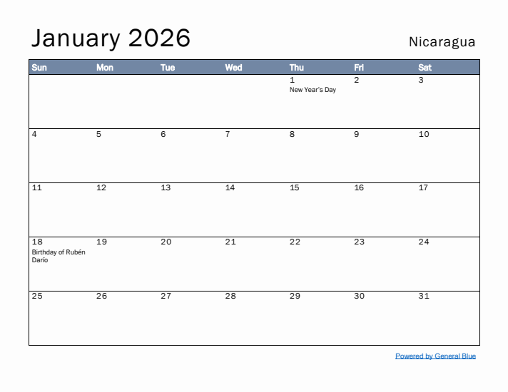 January 2026 Simple Monthly Calendar for Nicaragua