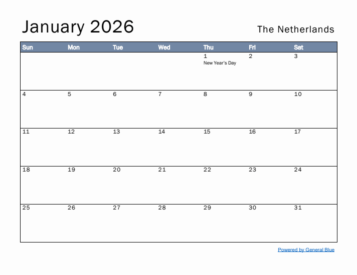 January 2026 Simple Monthly Calendar for The Netherlands