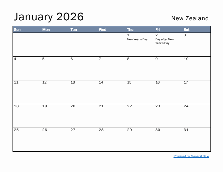 January 2026 Simple Monthly Calendar for New Zealand