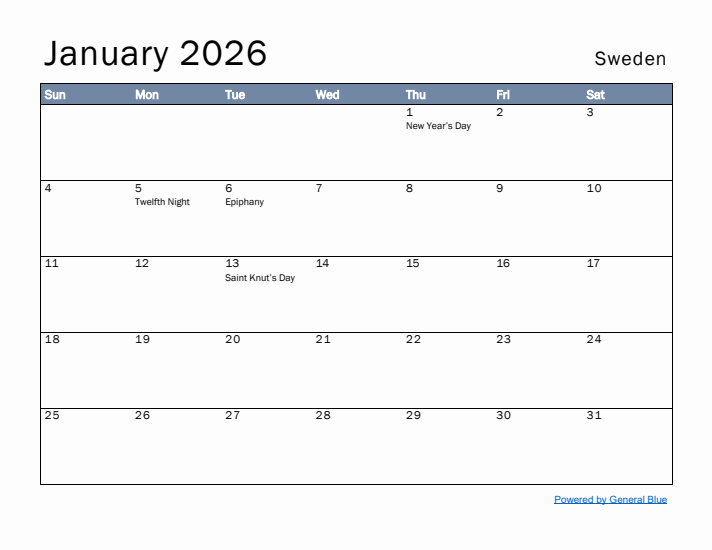 January 2026 Simple Monthly Calendar for Sweden