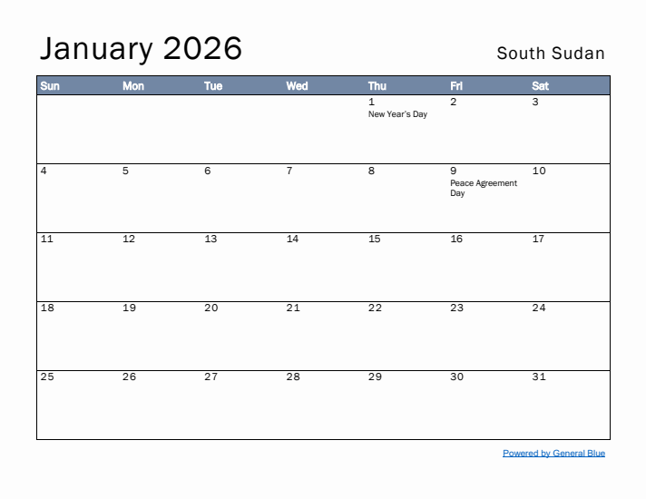 January 2026 Simple Monthly Calendar for South Sudan