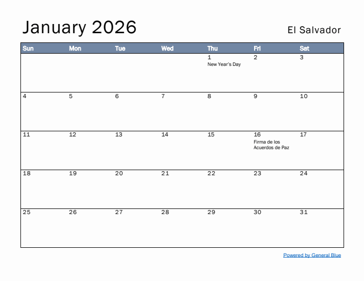 January 2026 Simple Monthly Calendar for El Salvador