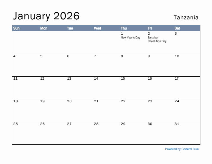 January 2026 Simple Monthly Calendar for Tanzania