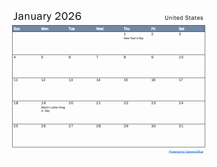 January 2026 Simple Monthly Calendar for United States