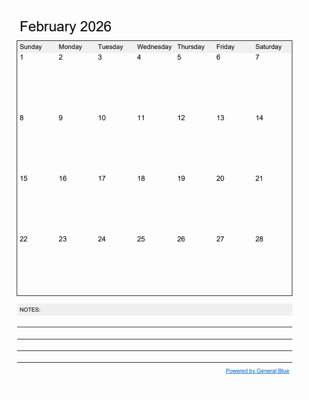 Basic Monthly Calendar Template for February 2026