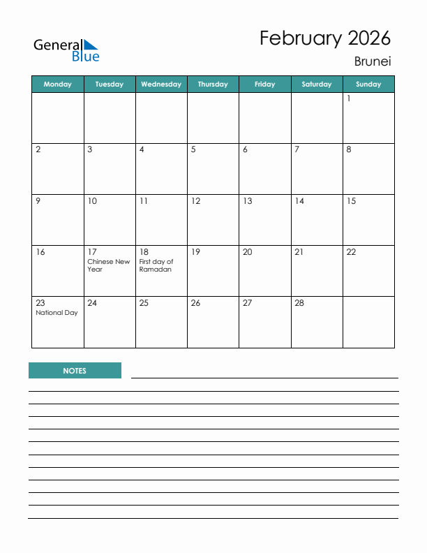 Calendar with Notes Printable - Monday Start