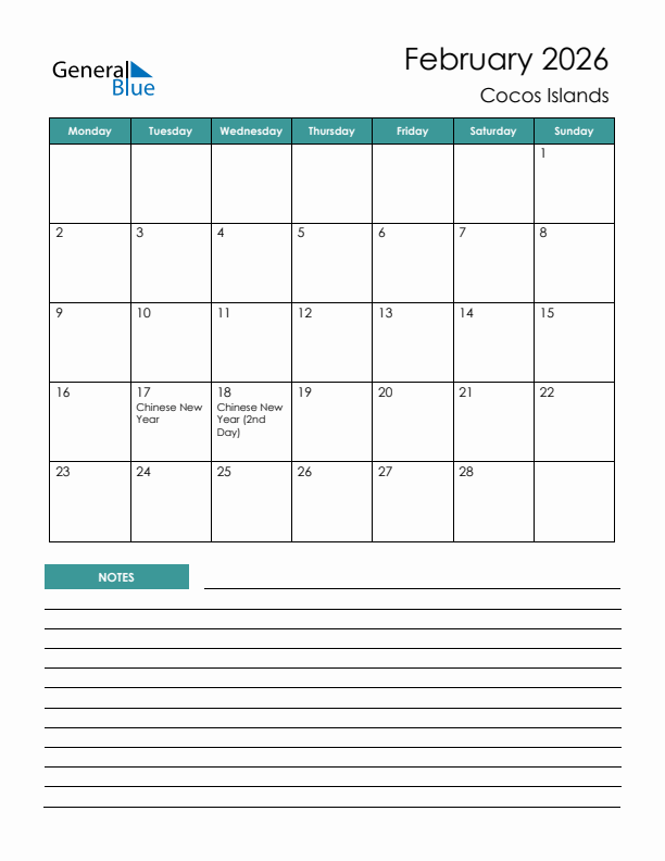 Calendar with Notes Printable - Monday Start