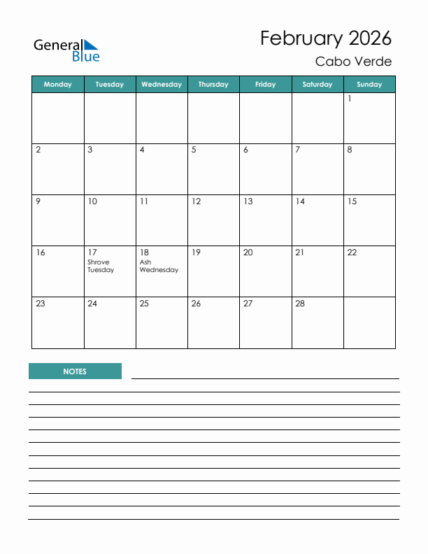 Calendar with Notes Printable - Monday Start