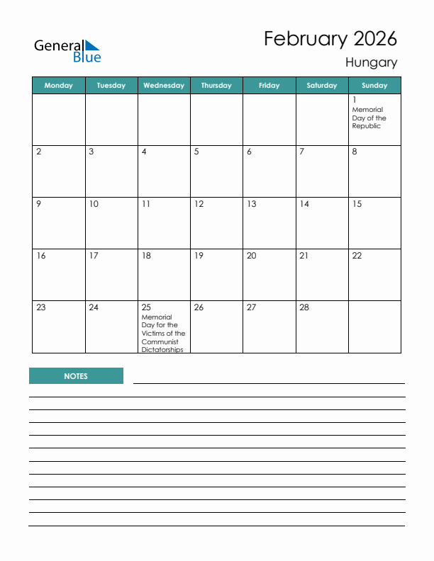 Calendar with Notes Printable - Monday Start