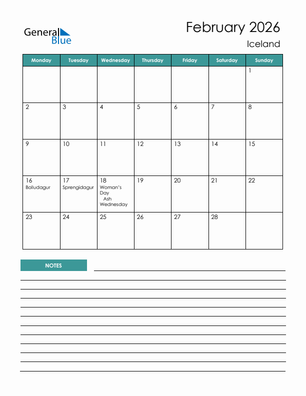 Calendar with Notes Printable - Monday Start