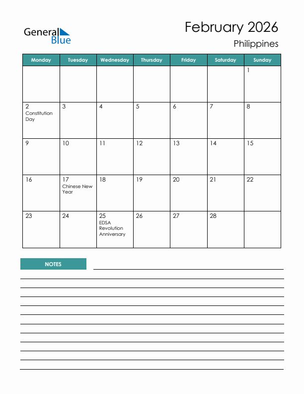 Calendar with Notes Printable - Monday Start