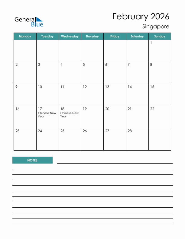 Calendar with Notes Printable - Monday Start