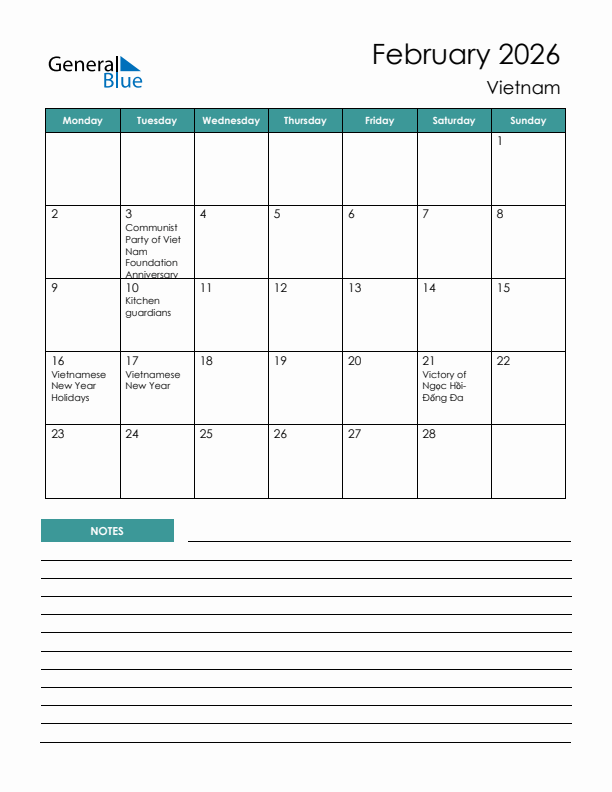 Calendar with Notes Printable - Monday Start