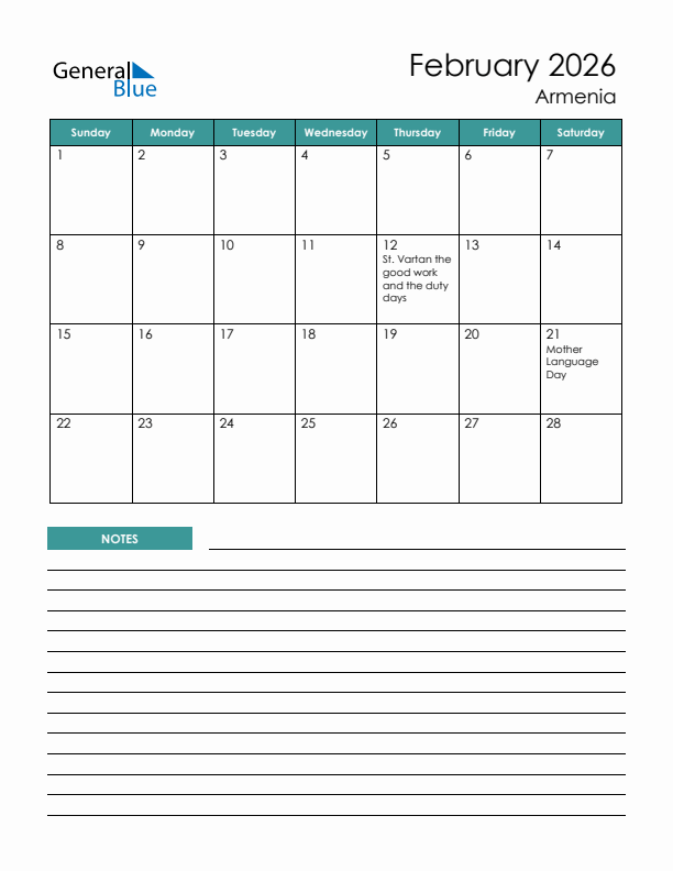 Calendar with Notes Printable - Sunday Start