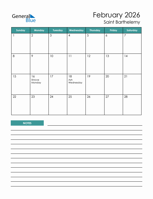 Calendar with Notes Printable - Sunday Start