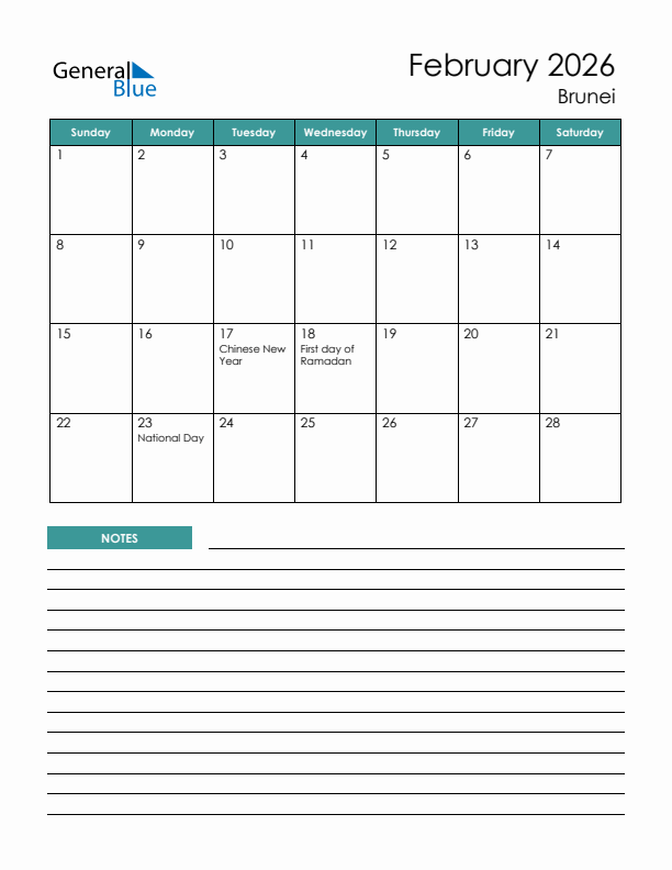 Calendar with Notes Printable - Sunday Start