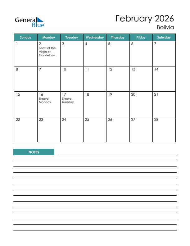 Calendar with Notes Printable - Sunday Start