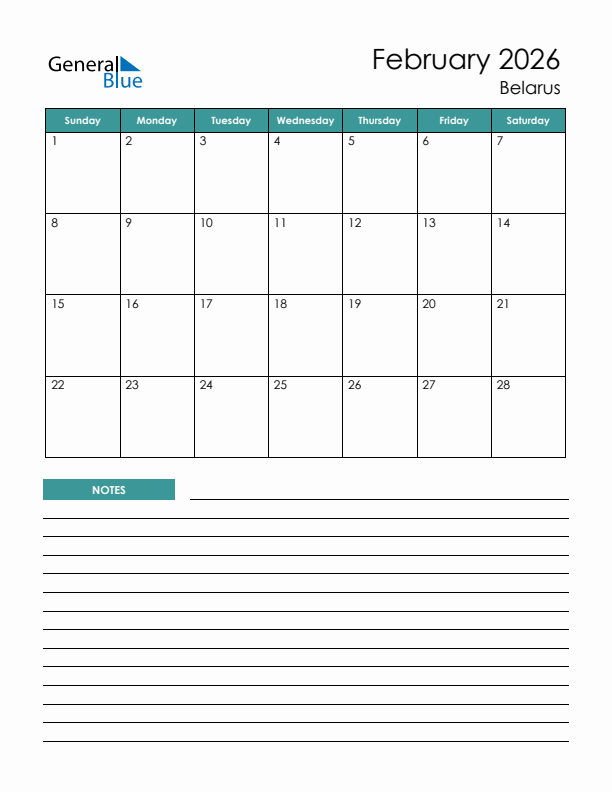 Calendar with Notes Printable - Sunday Start